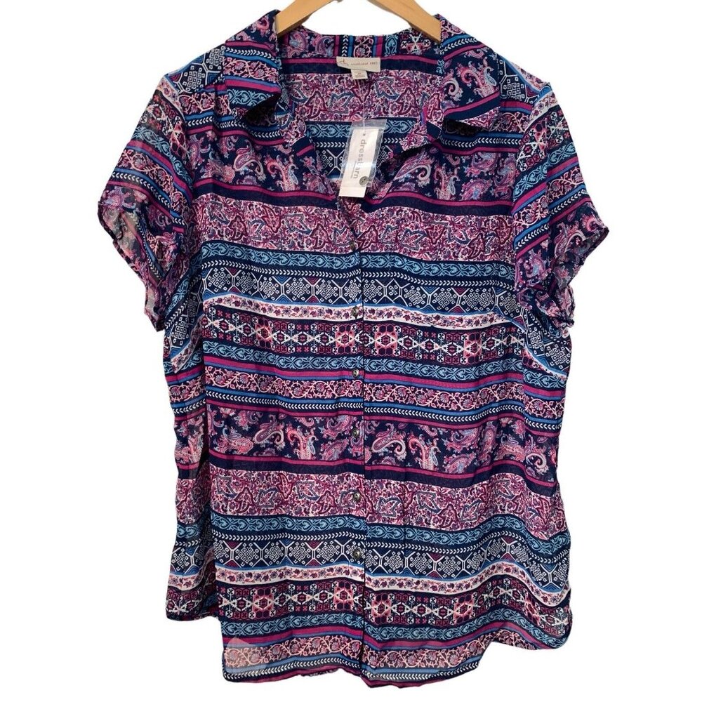 Dressbarn Womans Plus Size 1X Sheer Multicolor Blouse Short Sleeve Button Top